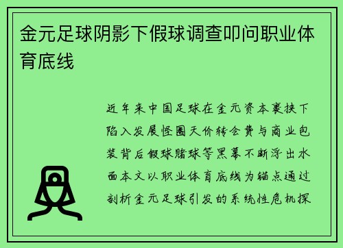 金元足球阴影下假球调查叩问职业体育底线